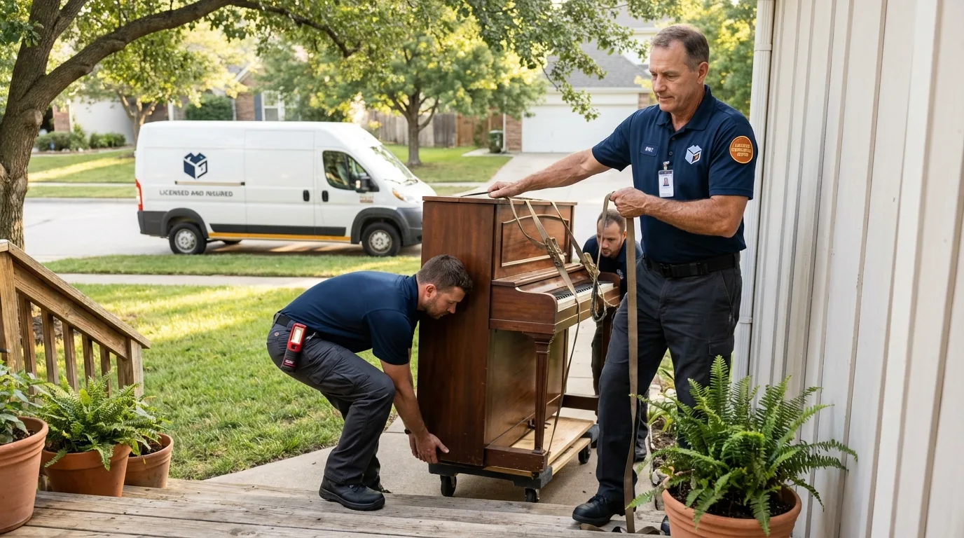 Licensed piano movers securing grand piano in Ponca City, OK