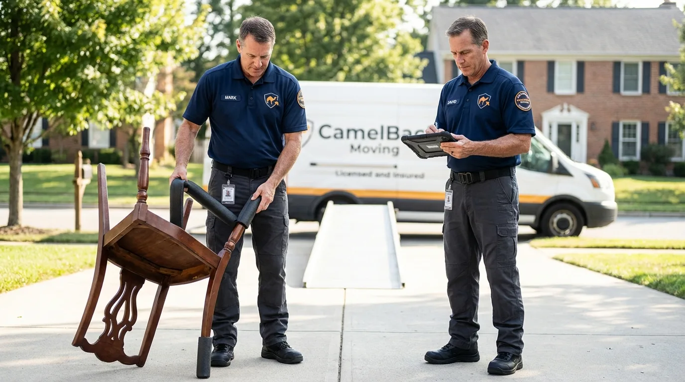 Movers inspecting furniture for damage prevention before loading in Ponca City, OK