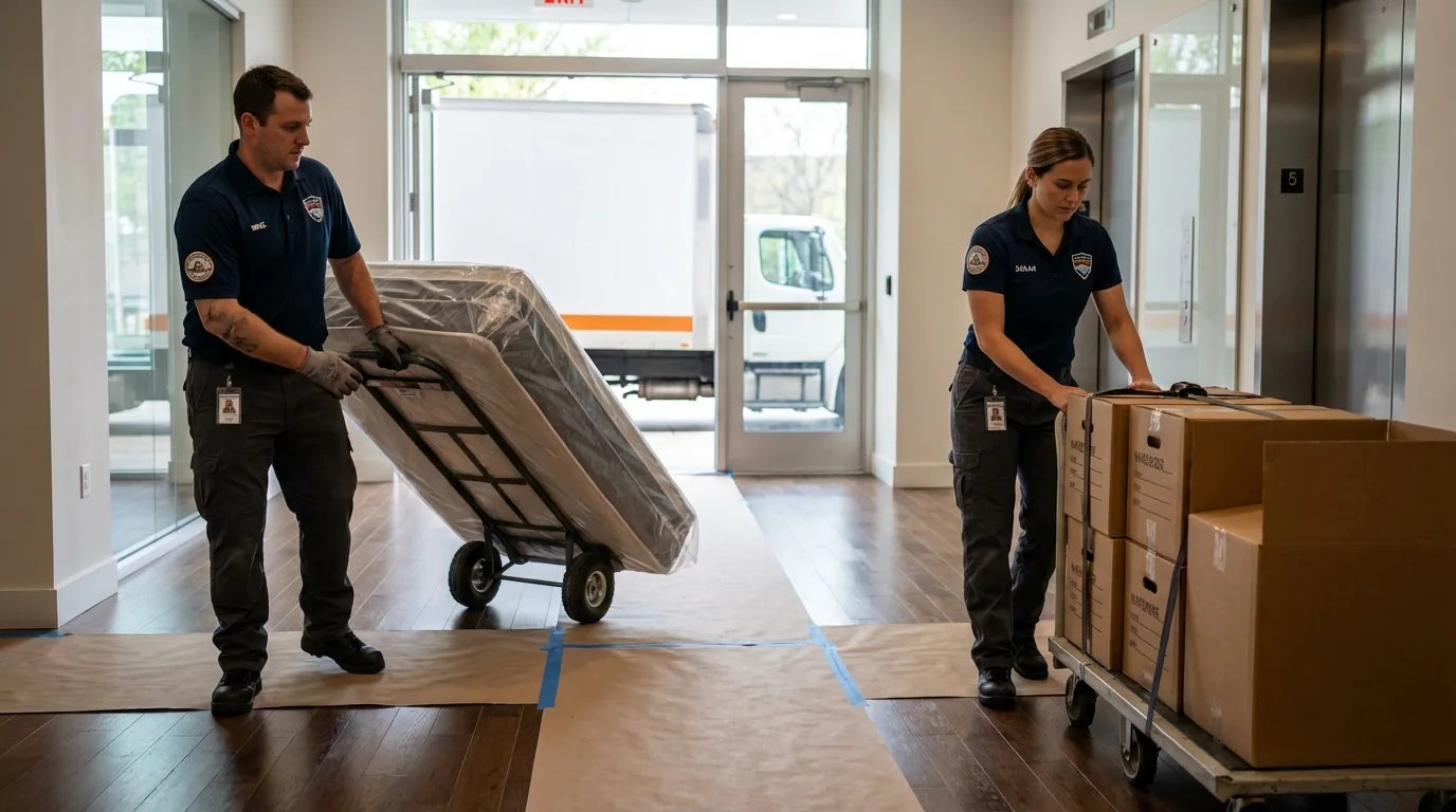 Professional apartment movers loading elevator in Ponca City, OK